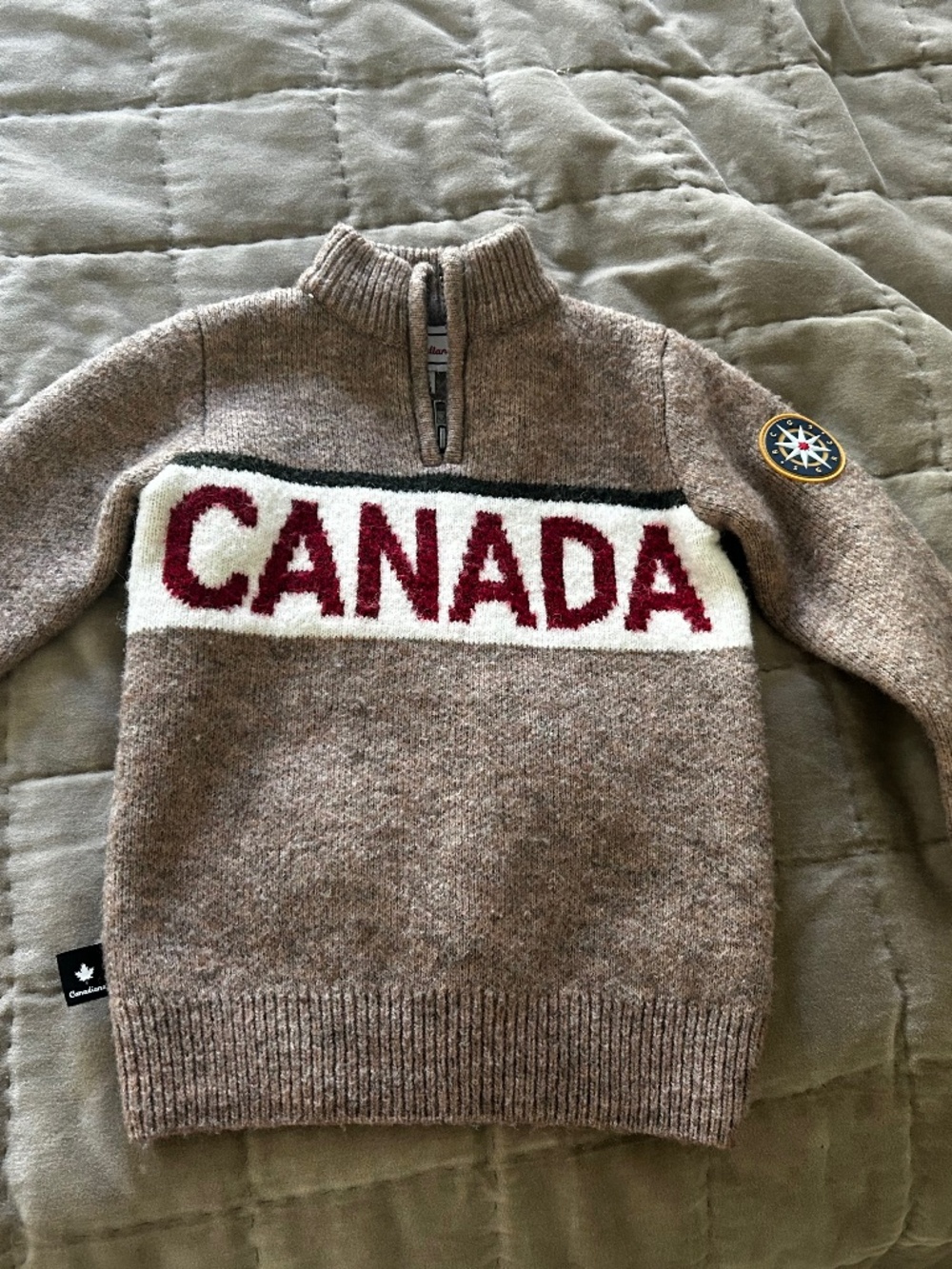 CANADIANA BABY SWEATER CANADA 1/4 ZIP BROWN CREAM SIZE 2